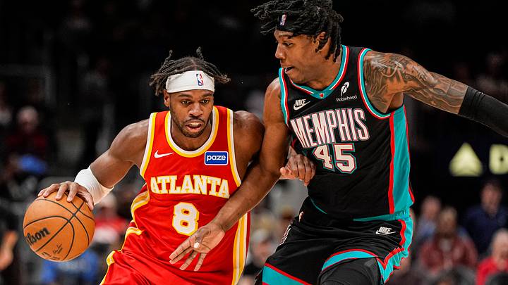 Mar 23, 2026; Atlanta, Georgia, USA; Atlanta Hawks guard Buddy Hield (8) dribbles against Memphis Grizzlies forward GG Jackson (45) during the second half at State Farm Arena. Mandatory Credit: Dale Zanine-Imagn Images Mar 23, 2026; Atlanta, Georgia, USA; Atlanta Hawks guard Buddy Hield (8) dribbles against Memphis Grizzlies forward GG Jackson (45) during the second half at State Farm Arena. Mandatory Credit: Dale Zanine-Imagn Images