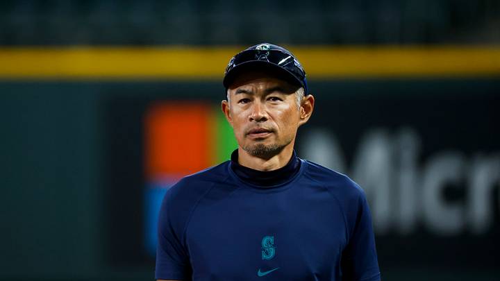 Mar 27, 2025; Seattle, Washington, USA; Seattle Mariners former outfielder Ichiro Suzuki walks back to the dugout following batting practice against the Athletics. Mandatory Credit: Joe Nicholson-Imagn Images