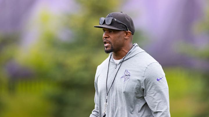 Vikings defensive coordinator Brian Flores at an offseason practice. Vikings defensive coordinator Brian Flores at an offseason practice.