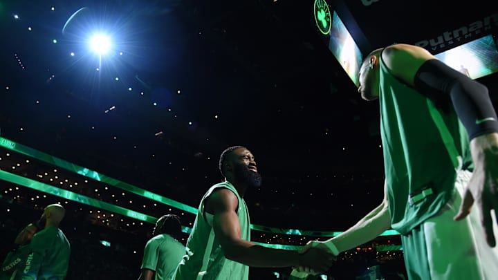 Dec 17, 2023; Boston, Massachusetts, USA;  Boston Celtics guard Jaylen Brown (7) shakes hands with