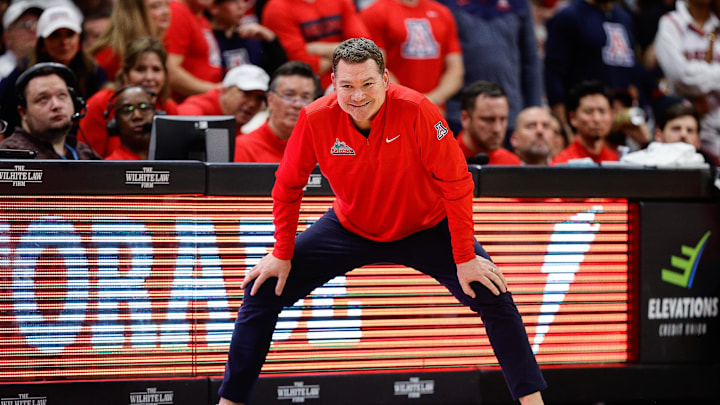 Feb 10, 2024; Boulder, Colorado, USA; Arizona Wildcats head coach Tommy Lloyd in the second half against the Colorado Buffaloes at CU Events Center. Mandatory Credit: Isaiah J. Downing-Imagn Images