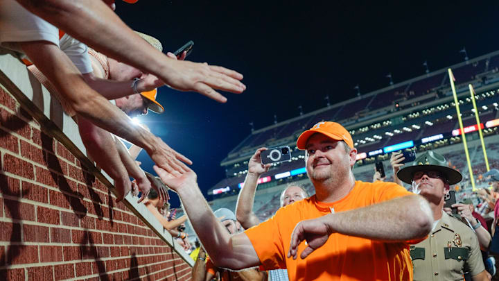 Tennessee coach Josh Heupel celebrates after a college football game between the University of Oklahoma Sooners (OU) and the Tennessee Volunteers at Gaylord Family - Oklahoma Memorial Stadium in Norman, Okla., Saturday, Sept. 21, 2024.
