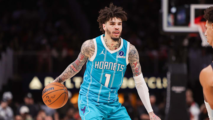 Feb 7, 2026; Atlanta, Georgia, USA; Charlotte Hornets guard LaMelo Ball (1) dribbles against the Atlanta Hawks in the fourth quarter at State Farm Arena. Mandatory Credit: Brett Davis-Imagn Images
