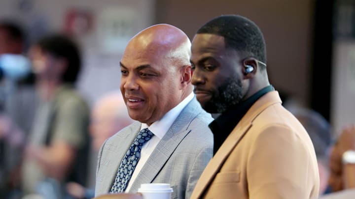 May 26, 2024; Dallas, Texas, USA; Charles Barkley (left) and Draymond Green (right) look on in the first half between the Dallas Mavericks and the Minnesota Timberwolves during game three of the western conference finals for the 2024 NBA playoffs at American Airlines Center. Mandatory Credit: Kevin Jairaj-Imagn Images May 26, 2024; Dallas, Texas, USA; Charles Barkley (left) and Draymond Green (right) look on in the first half between the Dallas Mavericks and the Minnesota Timberwolves during game three of the western conference finals for the 2024 NBA playoffs at American Airlines Center. Mandatory Credit: Kevin Jairaj-Imagn Images
