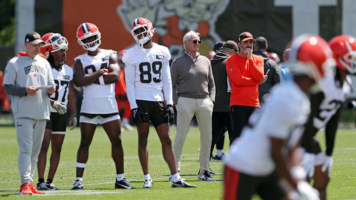 Browns owner Jimmy Haslam, left, and head coach Kevin Stefanski watch the offense during minicamp, Tuesday, June 11, 2024, in Berea.
