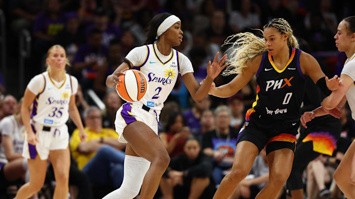 Sep 9, 2025; Phoenix, Arizona, USA; Los Angeles Sparks forward Rickea Jackson (2) against Phoenix Mercury forward Satou Sabally (0) during a WNBA game at PHX Arena. Mandatory Credit: Mark J. Rebilas-Imagn Images Sep 9, 2025; Phoenix, Arizona, USA; Los Angeles Sparks forward Rickea Jackson (2) against Phoenix Mercury forward Satou Sabally (0) during a WNBA game at PHX Arena. Mandatory Credit: Mark J. Rebilas-Imagn Images