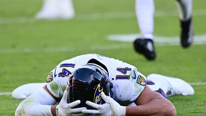 Oct 27, 2024; Cleveland, Ohio, USA; Baltimore Ravens safety Kyle Hamilton (14) reacts after dropping an interception during the second half against the Cleveland Browns at Huntington Bank Field. Mandatory Credit: Ken Blaze-Imagn Images Oct 27, 2024; Cleveland, Ohio, USA; Baltimore Ravens safety Kyle Hamilton (14) reacts after dropping an interception during the second half against the Cleveland Browns at Huntington Bank Field. Mandatory Credit: Ken Blaze-Imagn Images