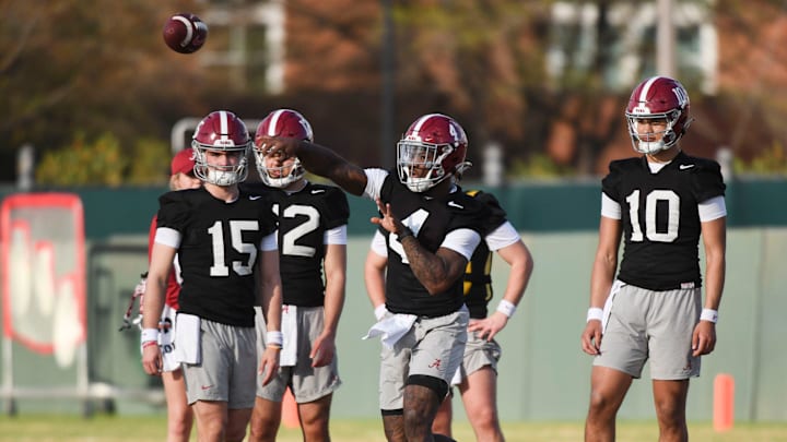 Mar 6, 2024; Tuscaloosa, Alabama, USA; Quarterback Jalen Milroe throws during practice for the