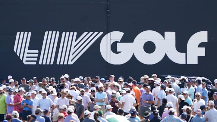 Sep 21, 2024; Carrolton, Texas, USA; A general view of signage during the LIV Golf Dallas Team Championship Semifinals at Maridoe Golf Club. Mandatory Credit: Raymond Carlin III-Imagn Images