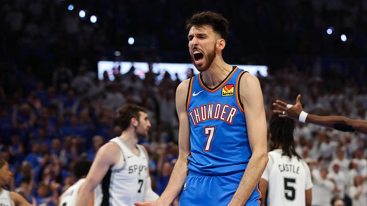 May 20, 2026; Oklahoma City, Oklahoma, USA; Oklahoma City Thunder center Chet Holmgren (7) reacts after a slam dunk during the third quarter against the San Antonio Spurs during game two of the western conference finals for the 2026 NBA playoffs at Paycom Center. Mandatory Credit: Brett Rojo-Imagn Images