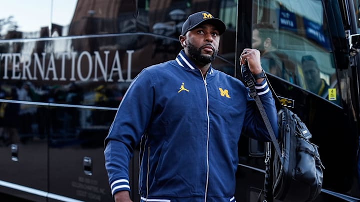 Michigan head coach Sherrone Moore walks off the bus during team arrival before the Michigan State game at Michigan Stadium in Ann Arbor on Saturday, Oct. 26, 2024.