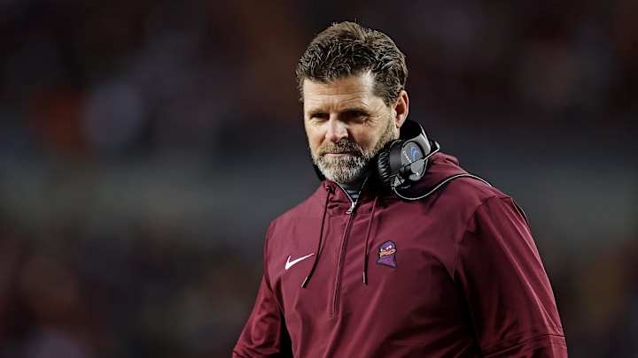 Nov 18, 2023; Blacksburg, Virginia, USA; Virginia Tech Hokies head coach Brent Pry looks on during the game against the North Carolina State Wolfpack at Lane Stadium. Mandatory Credit: Peter Casey-USA TODAY Sports