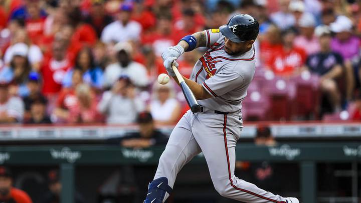 May 29, 2026; Cincinnati, Ohio, USA; Atlanta Braves designated hitter Dominic Smith (8) hits a single in the second inning against the Cincinnati Reds at Great American Ball Park. Mandatory Credit: Katie Stratman-Imagn Images