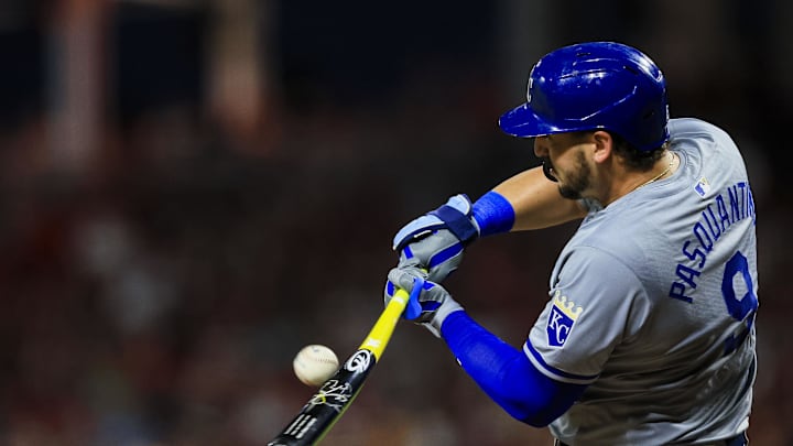 Aug 16, 2024; Cincinnati, Ohio, USA; Kansas City Royals first baseman Vinnie Pasquantino (9) bats against the Cincinnati Reds in the seventh inning at Great American Ball Park. Mandatory Credit: Katie Stratman-Imagn Images