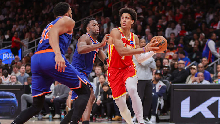 Dec 27, 2025; Atlanta, Georgia, USA; Atlanta Hawks forward Jalen Johnson (1) drives to the basket against the New York Knicks in the fourth quarter at State Farm Arena. Mandatory Credit: Brett Davis-Imagn Images Dec 27, 2025; Atlanta, Georgia, USA; Atlanta Hawks forward Jalen Johnson (1) drives to the basket against the New York Knicks in the fourth quarter at State Farm Arena. Mandatory Credit: Brett Davis-Imagn Images