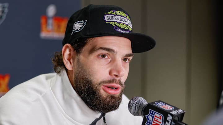 Feb 6, 2025; New Orleans, LA, USA;  Philadelphia Eagles tight end Dallas Goedert (88) during a press conference in advance of Super Bowl LIX at New Orleans Marriott. 