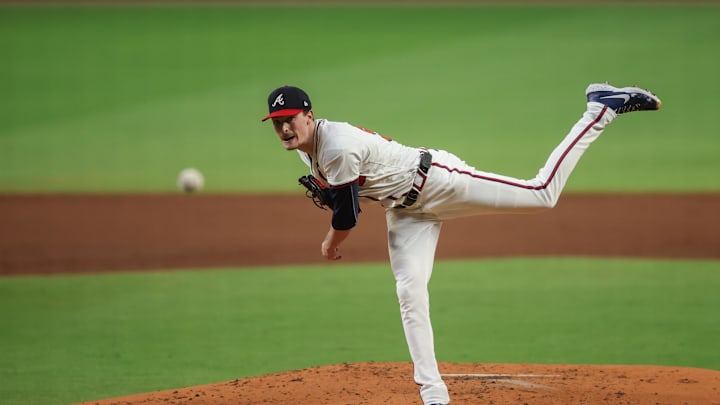 Sep 16, 2024; Atlanta, Georgia, USA; Atlanta Braves starting pitcher Max Fried (54) throws against the Los Angeles Dodgers in the third inning at Truist Park. Mandatory Credit: Brett Davis-Imagn Images
