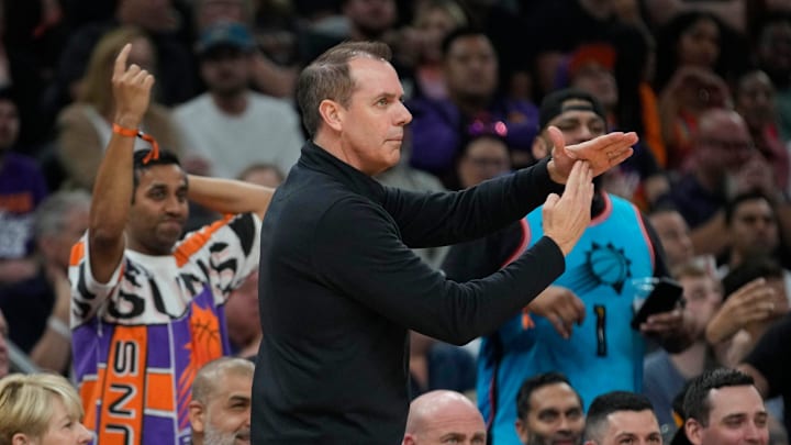 Phoenix Suns head coach Frank Vogel calls a timeout against the Atlanta Hawks