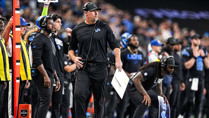 Detroit Lions head coach Dan Campbell watches a play against Tampa Bay Buccaneers during the second half at Ford Field in Detroit on Monday, Oct. 20, 2025.
