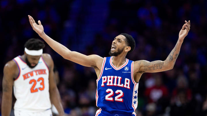 Apr 25, 2024; Philadelphia, Pennsylvania, USA; Philadelphia 76ers guard Cameron Payne (22) reacts