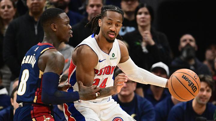 May 15, 2026; Cleveland, Ohio, USA; Cleveland Cavaliers guard Dennis Schroder (8) defends Detroit Pistons guard Daniss Jenkins (24) during the first half in game six of the second round of the 2026 NBA Playoffs at Rocket Arena. Mandatory Credit: Ken Blaze-Imagn Images May 15, 2026; Cleveland, Ohio, USA; Cleveland Cavaliers guard Dennis Schroder (8) defends Detroit Pistons guard Daniss Jenkins (24) during the first half in game six of the second round of the 2026 NBA Playoffs at Rocket Arena. Mandatory Credit: Ken Blaze-Imagn Images
