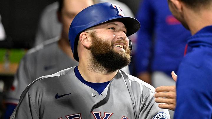 Texas Rangers first baseman Jake Burger.  Credit: Matt Marton-Imagn Images