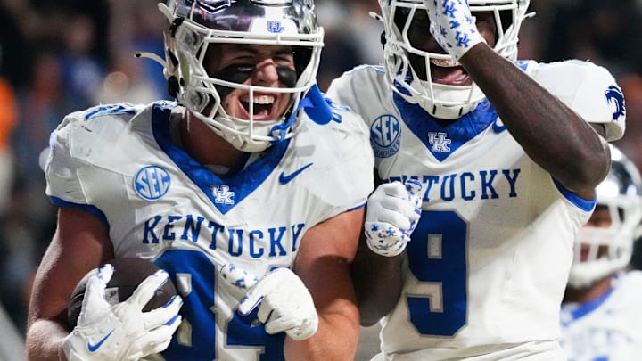 Kentucky tight end Josh Kattus (84) and Kentucky wide receiver Ja'Mori Maclin (9) celebrate after Kattus' touchdown during an NCAA college football game between Tennessee and Kentucky on Saturday, Nov. 2, 2024, in Knoxville, Tenn.