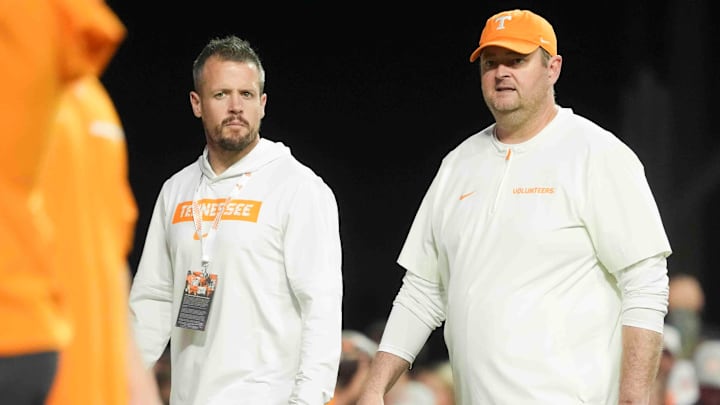 Nov 9, 2024; Knoxville, Tennessee, USA; Tennessee Volunteers head coach Josh Heupel looks on before a game between against the Mississippi State Bulldogs at Neyland Stadium. Mandatory Credit: Caitie McMekin/USA TODAY Network via Imagn Images
