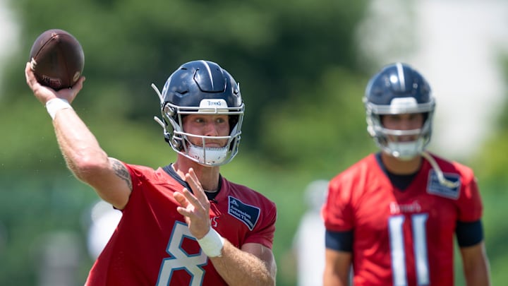 Quarterback Will Levis (8) throws during the Tennessee Titans mandatory mini-camp at Ascension Saint Thomas Sports Park in Nashville, Tenn., Thursday, June 6, 2024. Quarterback Will Levis (8) throws during the Tennessee Titans mandatory mini-camp at Ascension Saint Thomas Sports Park in Nashville, Tenn., Thursday, June 6, 2024.