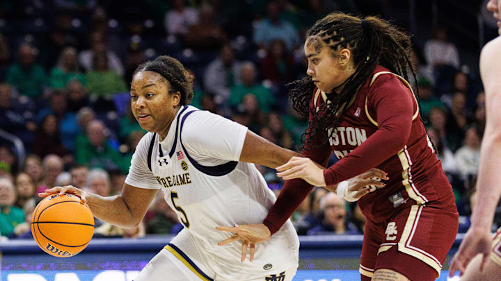 Notre Dame forward Malaya Cowles (5) drives to the basket during a NCAA women's basketball game against Boston College at Purcell Pavilion on Thursday, Jan. 8, 2026, in South Bend.
