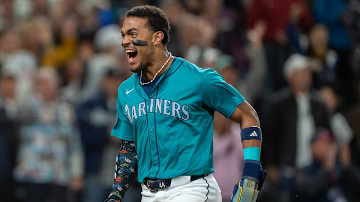 Seattle Mariners centerfielder Julio Rodriguez (44) celebrates after scoring a run during the seventh inning against the Oakland Athletics at T-Mobile Park in 2024. Seattle Mariners centerfielder Julio Rodriguez (44) celebrates after scoring a run during the seventh inning against the Oakland Athletics at T-Mobile Park in 2024.