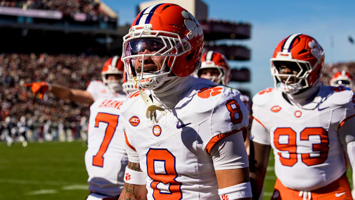 Nov 29, 2025; Columbia, South Carolina, USA; Clemson Tigers cornerback Avieon Terrell (8) celebrates a play against the South Carolina Gamecocks in the first quarter at Williams-Brice Stadium. Mandatory Credit: Jeff Blake-Imagn Images