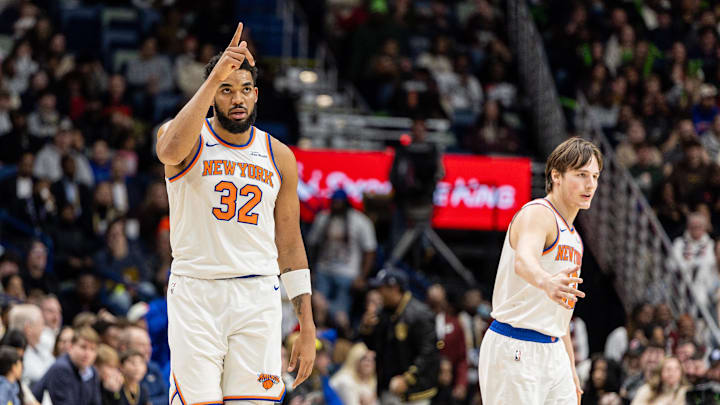 Dec 29, 2025; New Orleans, Louisiana, USA; New York Knicks center/forward Karl-Anthony Towns (32) reacts to a play against the New Orleans Pelicans during the second half at Smoothie King Center. Mandatory Credit: Stephen Lew-Imagn Images Dec 29, 2025; New Orleans, Louisiana, USA; New York Knicks center/forward Karl-Anthony Towns (32) reacts to a play against the New Orleans Pelicans during the second half at Smoothie King Center. Mandatory Credit: Stephen Lew-Imagn Images