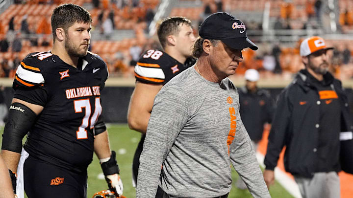 Oklahoma State head football coach Mike Gundy walks of the field following the college football game between the Oklahoma State Cowboys and the Arizona State Sun Devils at Boone Pickens Stadium in Stillwater, Okla., Saturday, Nov., 2, 2024.
