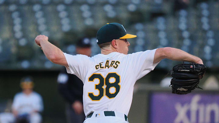 Apr 16, 2024; Oakland, California, USA; Oakland Athletics starting pitcher JP Sears (38) pitches the ball against the St. Louis Cardinals during the first inning at Oakland-Alameda County Coliseum. Mandatory Credit: Kelley L Cox-Imagn Images Apr 16, 2024; Oakland, California, USA; Oakland Athletics starting pitcher JP Sears (38) pitches the ball against the St. Louis Cardinals during the first inning at Oakland-Alameda County Coliseum. Mandatory Credit: Kelley L Cox-Imagn Images