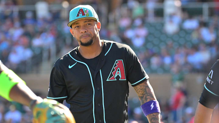 Feb 22, 2026; Salt River Pima-Maricopa, Arizona, USA; Arizona Diamondbacks second baseman Ketel Marte (4) heads off the field after the third inning against the Los Angeles Angels at Salt River Fields at Talking Stick. Mandatory Credit: Jayne Kamin-Oncea-Imagn Images