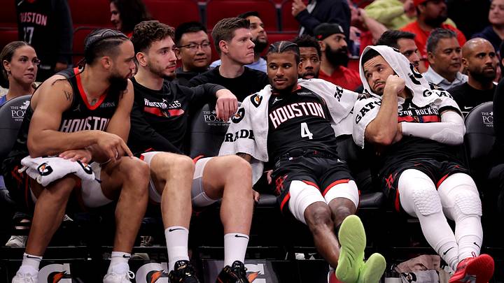 Nov 22, 2024; Houston, Texas, USA; Houston Rockets forward Dillon Brooks (9), center Alperen Sengun (28), guard Jalen Green (4) and guard Fred VanVleet (5) sit on the bench against the Portland Trailblazers during the fourth quarter at Toyota Center. Mandatory Credit: Erik Williams-Imagn Images Nov 22, 2024; Houston, Texas, USA; Houston Rockets forward Dillon Brooks (9), center Alperen Sengun (28), guard Jalen Green (4) and guard Fred VanVleet (5) sit on the bench against the Portland Trailblazers during the fourth quarter at Toyota Center. Mandatory Credit: Erik Williams-Imagn Images