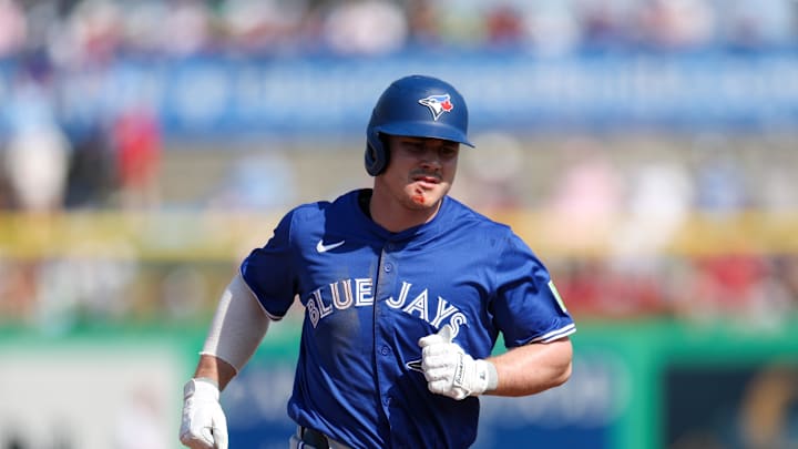 Toronto Blue Jays designated hitter Alan Roden (83) runs the bases after hitting a home run against the Philadelphia Phillies in the sixth inning during spring training at BayCare Ballpark in 2025.
