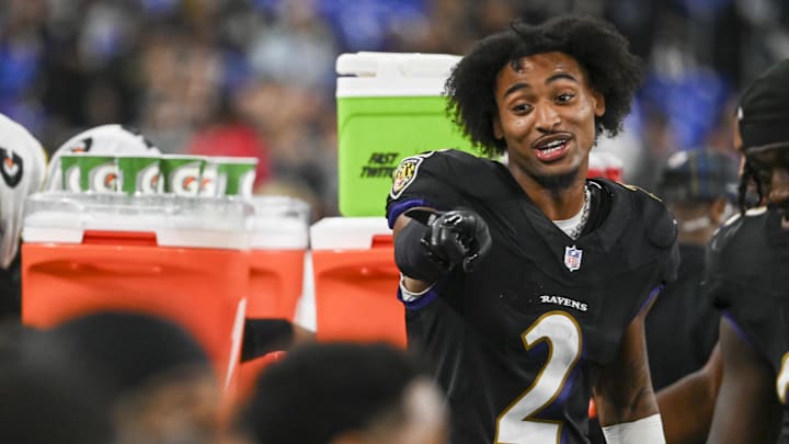 Sep 29, 2024; Baltimore, Maryland, USA;  Baltimore Ravens cornerback Nate Wiggins (2) reacts on the sidelines during the second half against the Buffalo Bills at M&T Bank Stadium. Mandatory Credit: Tommy Gilligan-Imagn Images