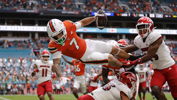 Nov 18, 2023; Miami Gardens, Florida, USA; Miami Hurricanes wide receiver Xavier Restrepo (7) is a future prospect at the WR position. 