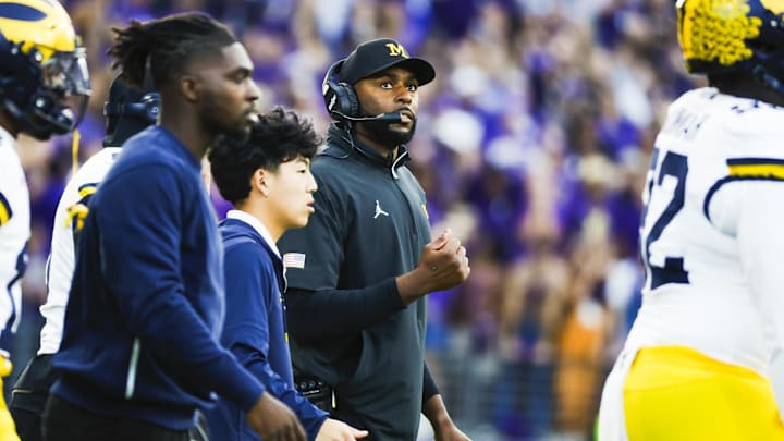 Oct 5, 2024; Seattle, Washington, USA; Michigan Wolverines head coach Sherrone Moore reacts to a blocked field goal attempt by the Washington Huskies during the second quarter at Alaska Airlines Field at Husky Stadium. Mandatory Credit: Joe Nicholson-Imagn Images