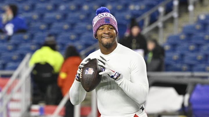 Dec 1, 2025; Foxborough, Massachusetts, USA; New York Giants quarterback Jameis Winston (19) warms up prior to the game against the New England Patriots at Gillette Stadium. Mandatory Credit: Eric Canha-Imagn Images