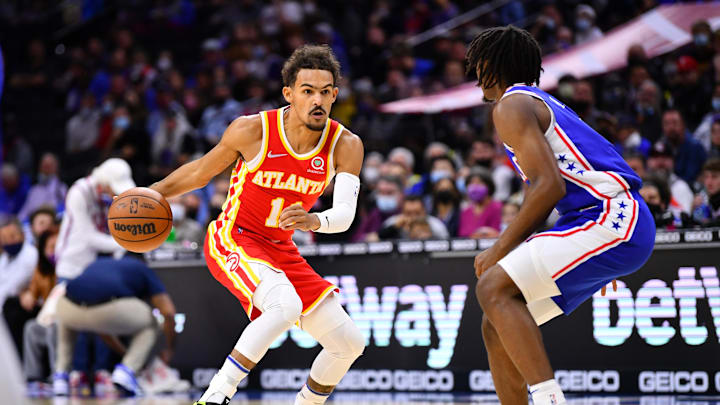 Oct 30, 2021; Philadelphia, Pennsylvania, USA; Atlanta Hawks guard Trae Young (11) dribbles the ball against Philadelphia 76ers guard Tyrese Maxey (0) in the first quarter at Wells Fargo Center. Mandatory Credit: Kyle Ross-Imagn Images
