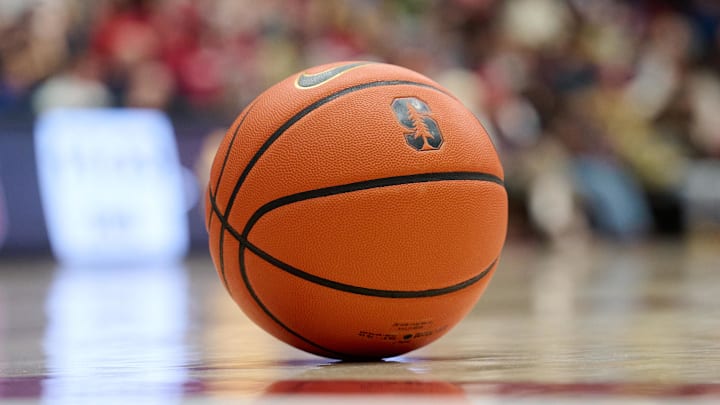 Dec 30, 2025; Stanford, California, USA; A view of a basketball with the Stanford logo during a timeout between the Notre Dame Fighting Irish and the Stanford Cardinal in the second half at Maples Pavilion. Mandatory Credit: Robert Edwards-Imagn Images Dec 30, 2025; Stanford, California, USA; A view of a basketball with the Stanford logo during a timeout between the Notre Dame Fighting Irish and the Stanford Cardinal in the second half at Maples Pavilion. Mandatory Credit: Robert Edwards-Imagn Images