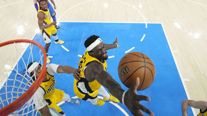 Jun 22, 2025; Oklahoma City, Oklahoma, USA; Indiana Pacers forward Pascal Siakam (43) reaches for the ball against the Oklahoma City Thunder during the first half of game seven of the 2025 NBA Finals at Paycom Center. Mandatory Credit: Kyle Terada-Imagn Images Jun 22, 2025; Oklahoma City, Oklahoma, USA; Indiana Pacers forward Pascal Siakam (43) reaches for the ball against the Oklahoma City Thunder during the first half of game seven of the 2025 NBA Finals at Paycom Center. Mandatory Credit: Kyle Terada-Imagn Images