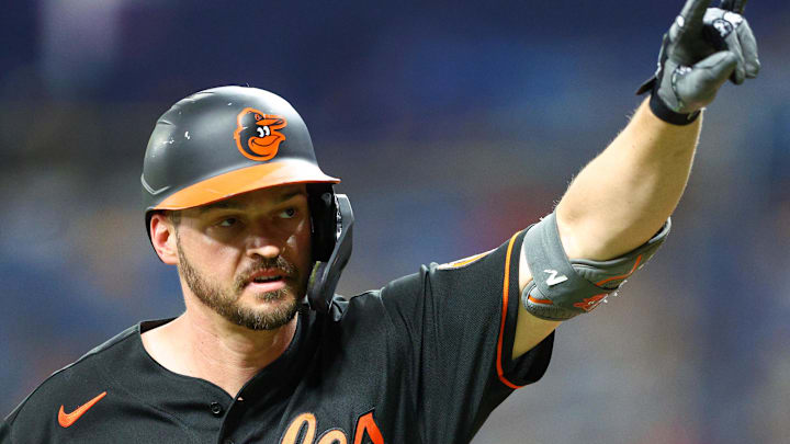 Jul 15, 2022; St. Petersburg, Florida, USA; Baltimore Orioles designated hitter Trey Mancini (16) reacts after hitting a home run against the Tampa Bay Rays in the third inning at Tropicana Field. Jul 15, 2022; St. Petersburg, Florida, USA; Baltimore Orioles designated hitter Trey Mancini (16) reacts after hitting a home run against the Tampa Bay Rays in the third inning at Tropicana Field.