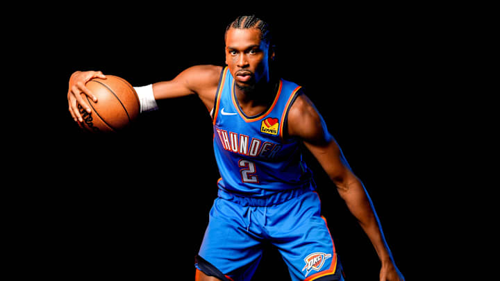 Shai Gilgeous-Alexander is pictured during the Thunder media day at the Paycom Center in Oklahoma City, on Monday, Sept. 30, 2024.