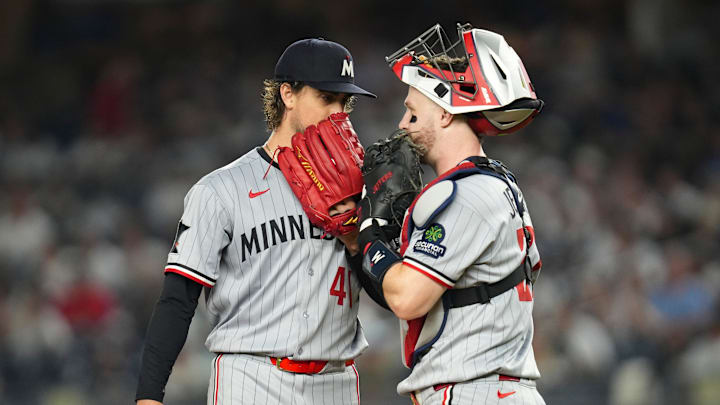 Minnesota Twins pitcher Joe Ryan (41) and Minnesota Twins catcher Ryan Jeffers (27) talk at the mound during a game against the New York Yankees at Yankee Stadium, Aug 13, 2025, Bronx, New York, USA. Yannick Peterhans/NorthJersey.com