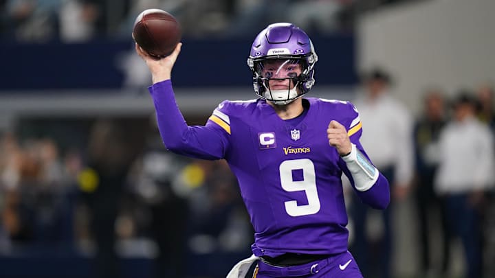 Dec 14, 2025; Arlington, Texas, USA; Minnesota Vikings quarterback J.J. McCarthy (9) throws during the first half against the Dallas Cowboys at AT&T Stadium. Mandatory Credit: Raymond Carlin III-Imagn Images Dec 14, 2025; Arlington, Texas, USA; Minnesota Vikings quarterback J.J. McCarthy (9) throws during the first half against the Dallas Cowboys at AT&T Stadium. Mandatory Credit: Raymond Carlin III-Imagn Images