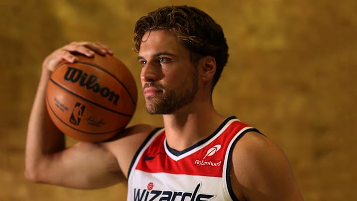 Sep 29, 2025; Washington, DC, USA; Washington Wizards forward Corey Kispert (24) poses for a portrait during Wizards Media Day at CareFirst Arena.  Mandatory Credit: Geoff Burke-Imagn Images